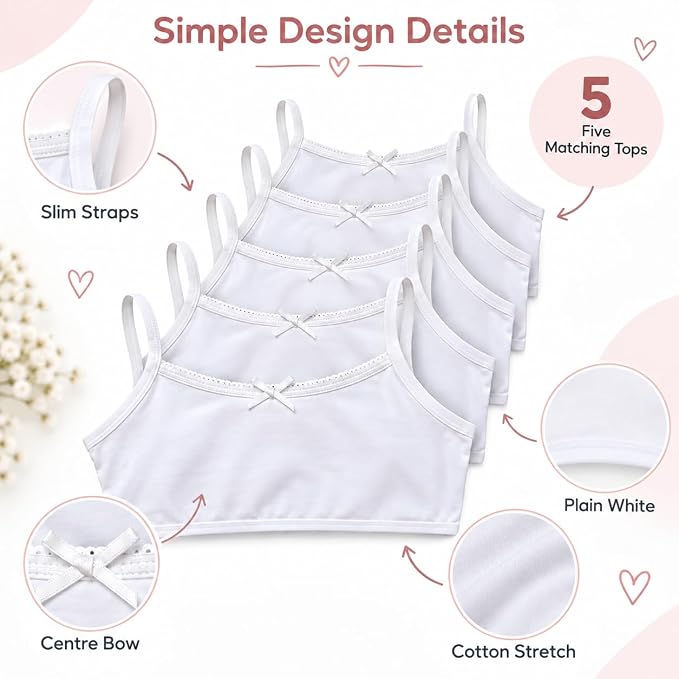 Girls’ White Cotton Stretch Crop Tops 5 Pack | Cami Underwear with Bow Detail | Ages 7–15 Selected Sizes