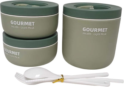 3 Piece Round Lunch Box Set with Insulated Bag & Reusable Cutlery – Navy Blue, Brown or Sage Green