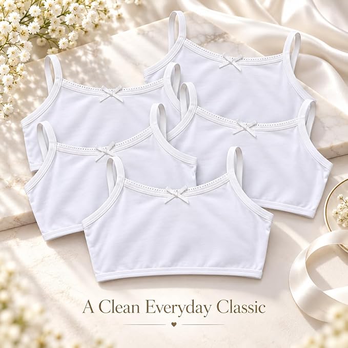 Girls’ White Cotton Stretch Crop Tops 5 Pack | Cami Underwear with Bow Detail | Ages 7–15 Selected Sizes