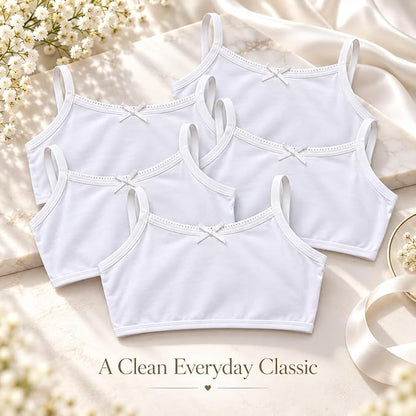 Girls’ White Cotton Stretch Crop Tops 5 Pack | Cami Underwear with Bow Detail | Ages 7–15 Selected Sizes