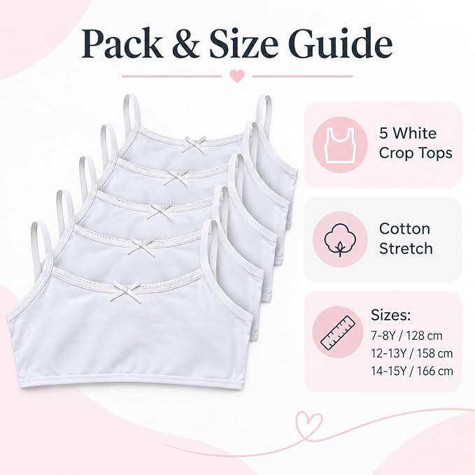 Girls’ White Cotton Stretch Crop Tops 5 Pack | Cami Underwear with Bow Detail | Ages 7–15 Selected Sizes
