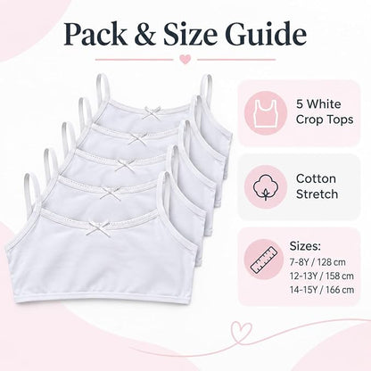 Girls’ White Cotton Stretch Crop Tops 5 Pack | Cami Underwear with Bow Detail | Ages 7–15 Selected Sizes