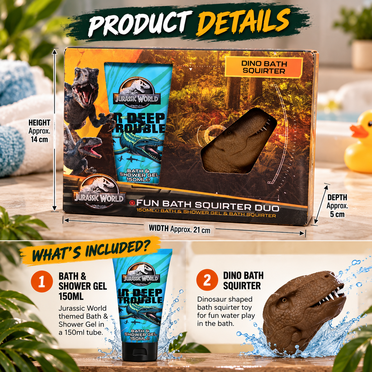 Jurassic World Bath Gift Set 150ml Bath & Shower Gel with Dinosaur Squirter