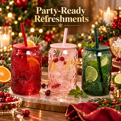 Pack of 3 Christmas Glass Tumblers with Lids & Straws Red Pink Green Festive Cups