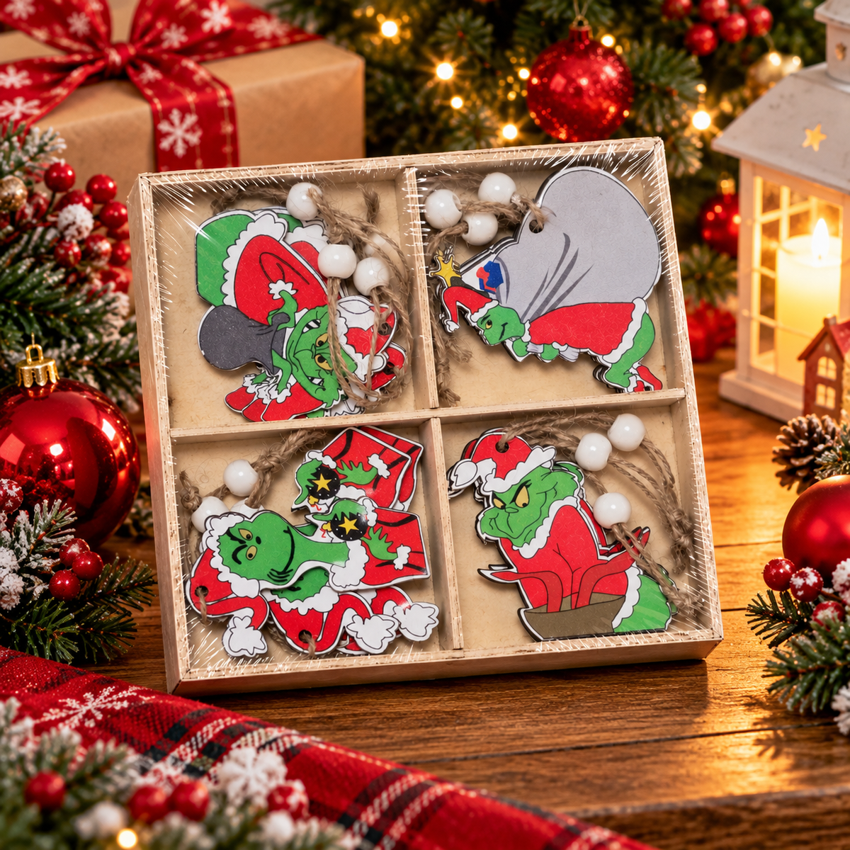 The Grinch Christmas Hanging Decorations with Twine Loops & White Beads – Assorted Festive Tree Ornaments