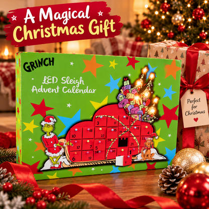 The Grinch LED Sleigh Advent Calendar with 24 Fillable Drawers – Reusable Christmas Countdown Decoration 48cm