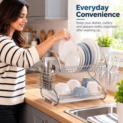 2 Tier Dish Drainer Rack with Cutlery Basket & Glass Holder – Silver