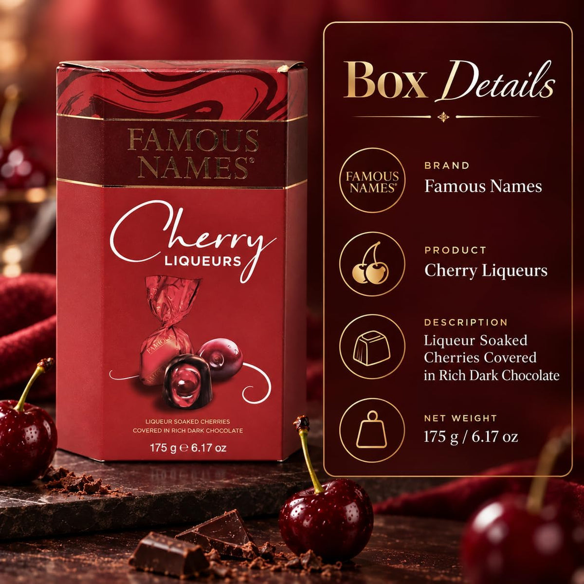Cherry Liqueur Dark Chocolates 175g Gift Box Single or Pack of 2