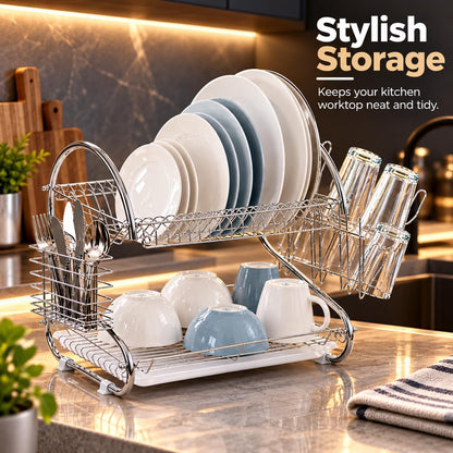 2 Tier Dish Drainer Rack with Cutlery Basket & Glass Holder – Silver