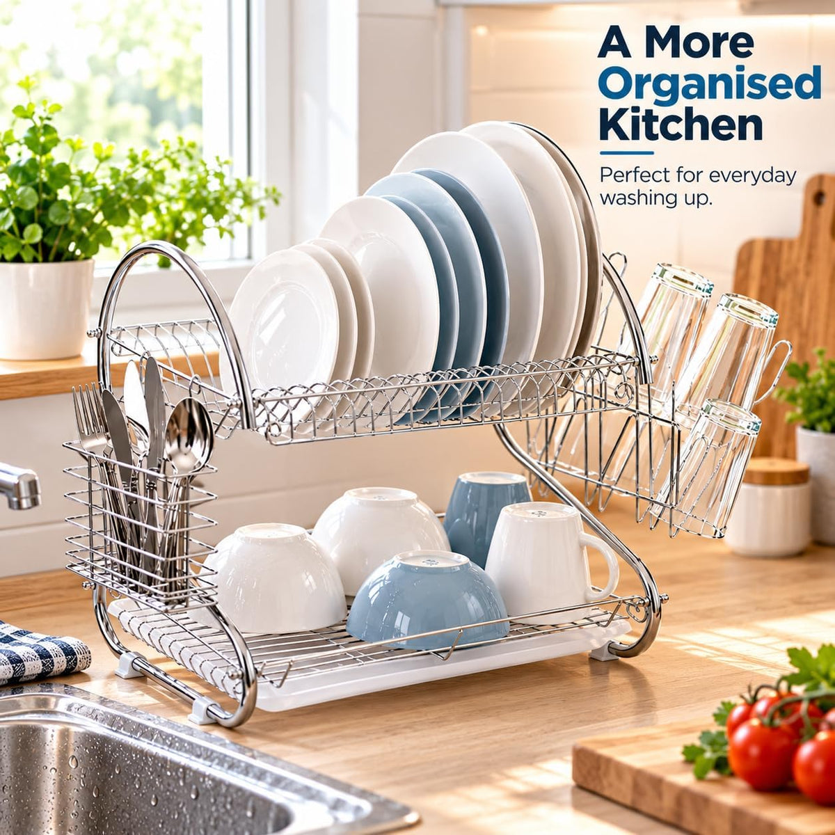 2 Tier Dish Drainer Rack with Cutlery Basket & Glass Holder – Silver