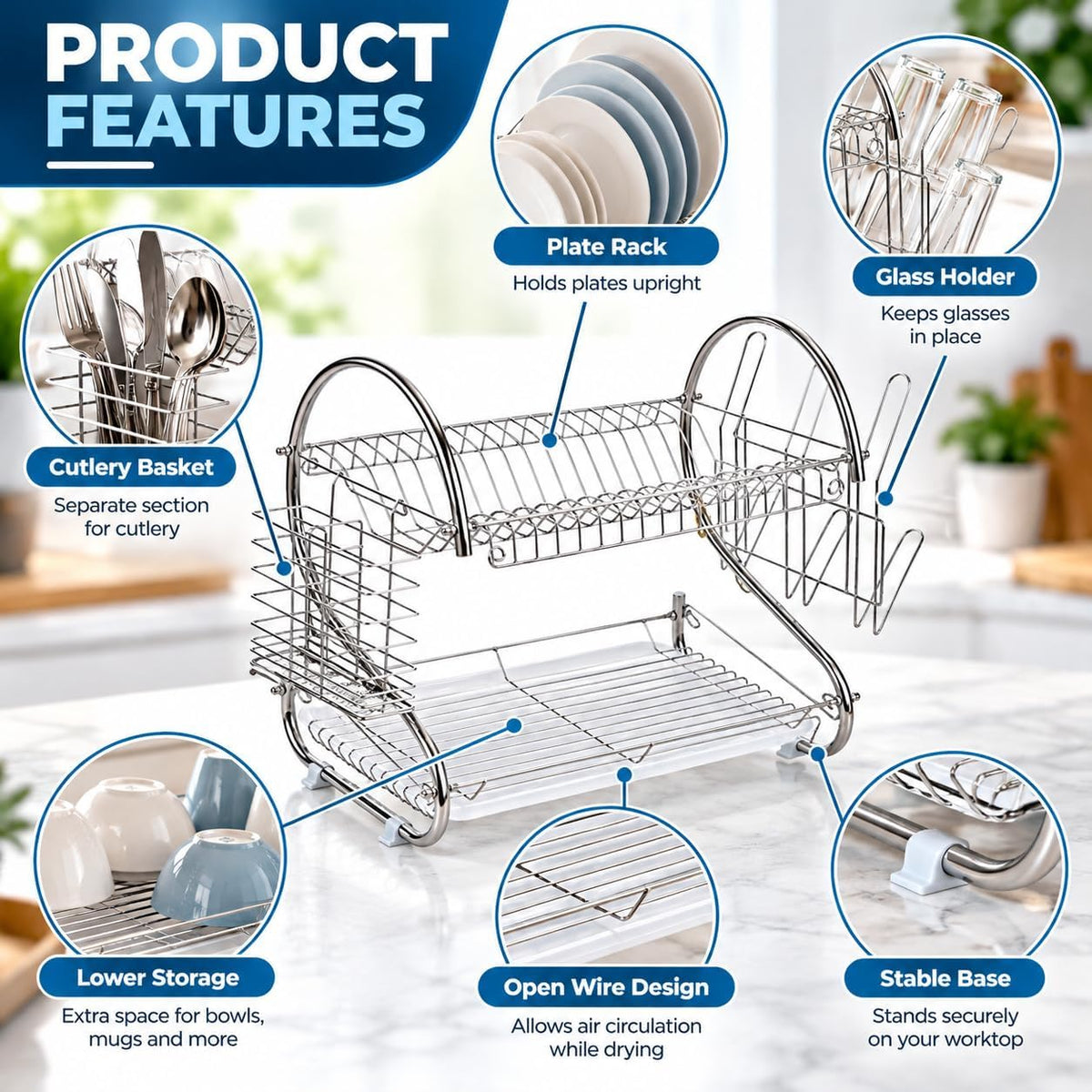 2 Tier Dish Drainer Rack with Cutlery Basket & Glass Holder – Silver