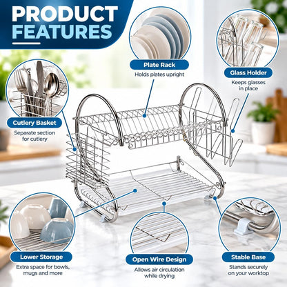 2 Tier Dish Drainer Rack with Cutlery Basket & Glass Holder – Silver