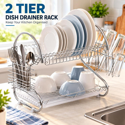 2 Tier Dish Drainer Rack with Cutlery Basket & Glass Holder – Silver