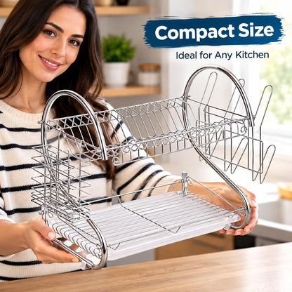 2 Tier Dish Drainer Rack with Cutlery Basket & Glass Holder – Silver