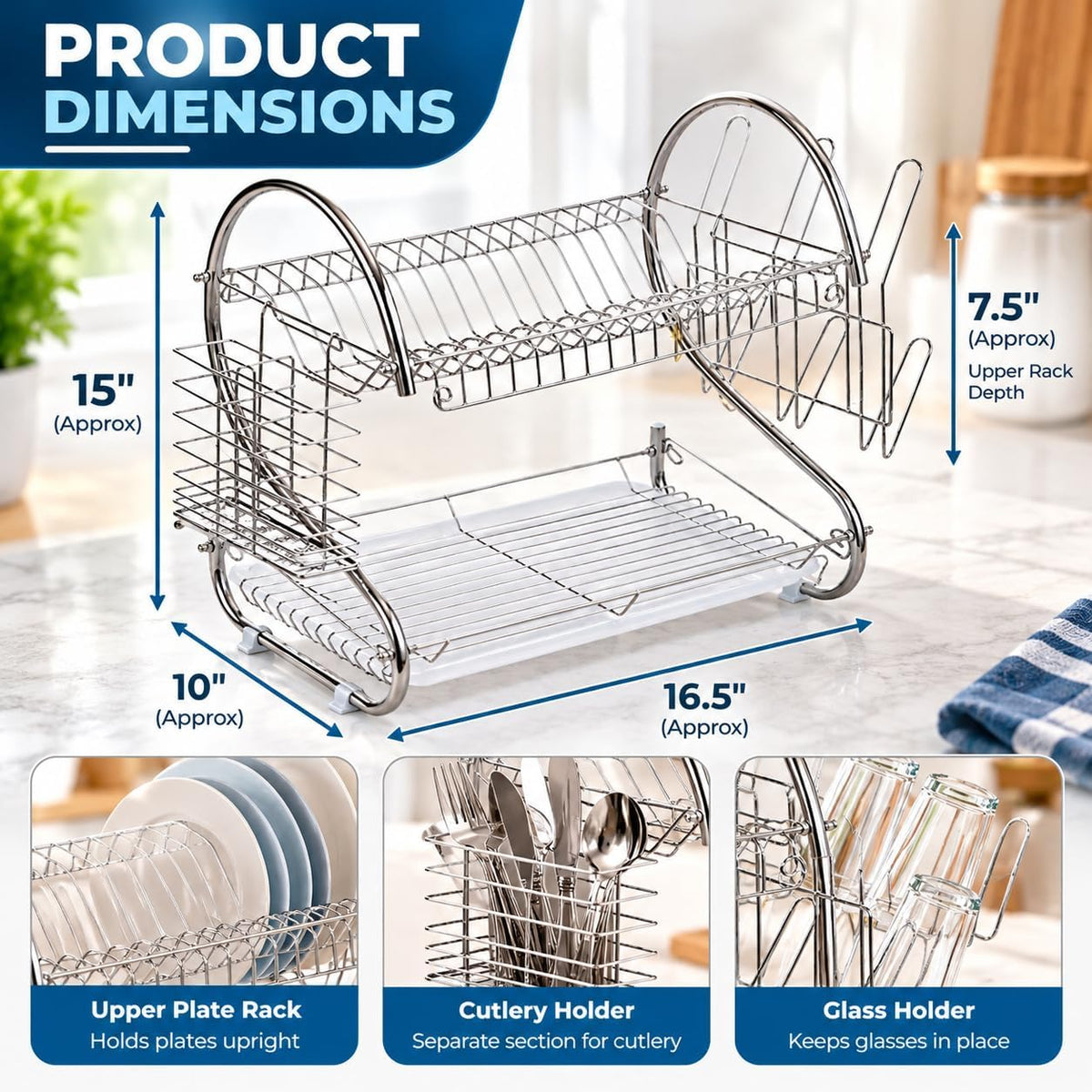 2 Tier Dish Drainer Rack with Cutlery Basket & Glass Holder – Silver