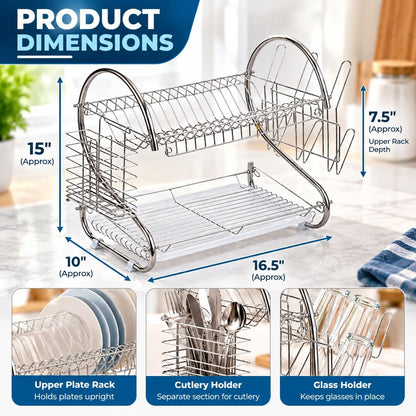 2 Tier Dish Drainer Rack with Cutlery Basket & Glass Holder – Silver