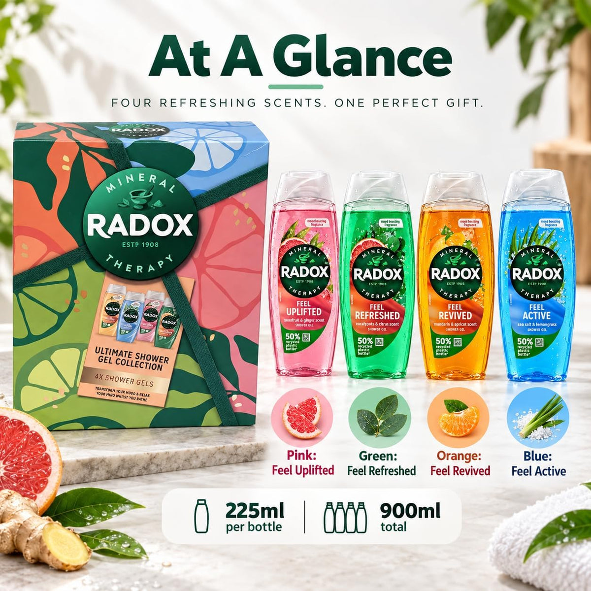 Shower Gel Gift Set 4 x 225ml | Assorted Fresh & Fruity Body Wash Collection | 900ml