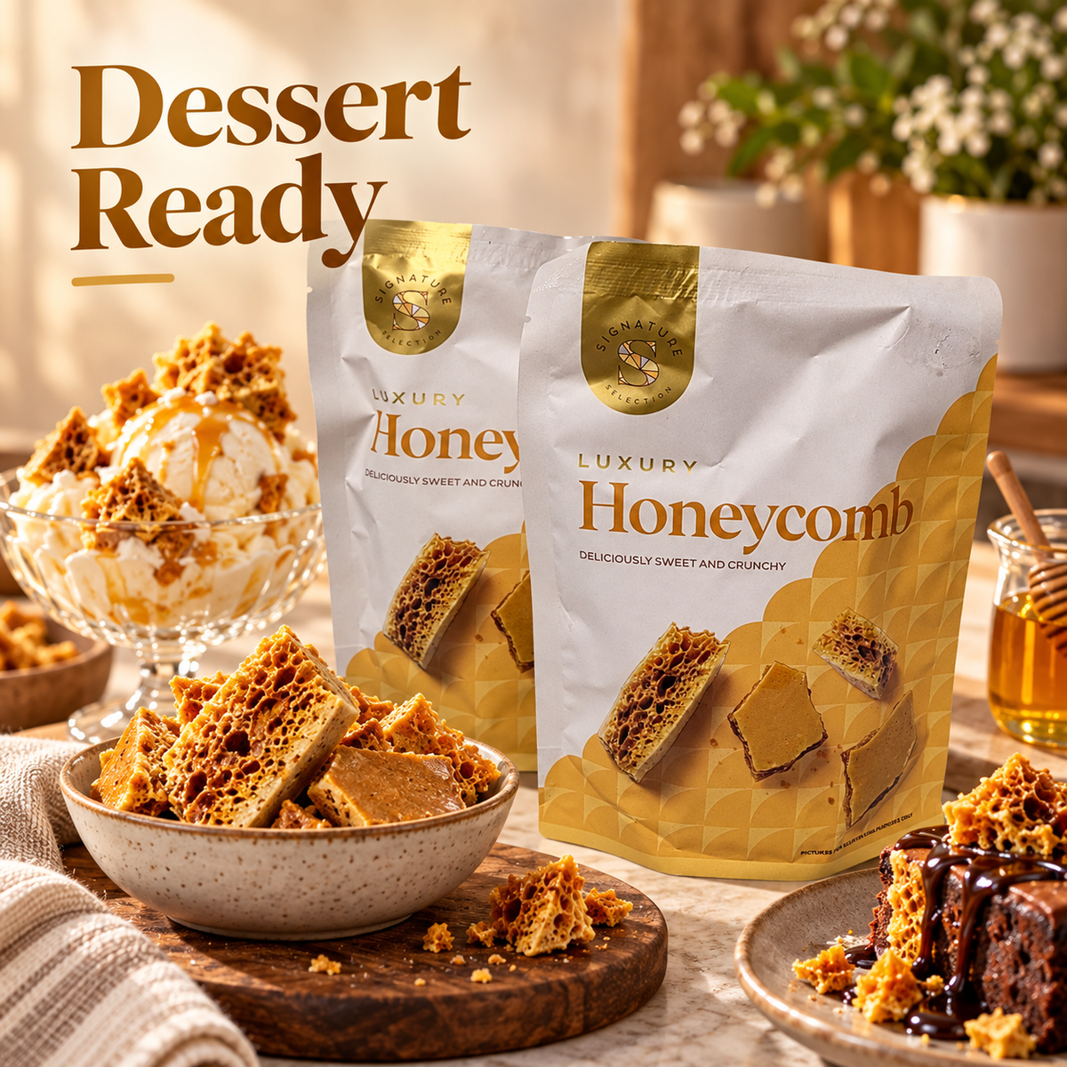 Luxury Honeycomb Pieces 90g Crunchy Sweet Confectionery Vegan Vegetarian Dessert Topping