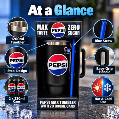 Pepsi Max Steel Tumbler Gift Set 1200ml with Straw & 2 × 330ml Cans