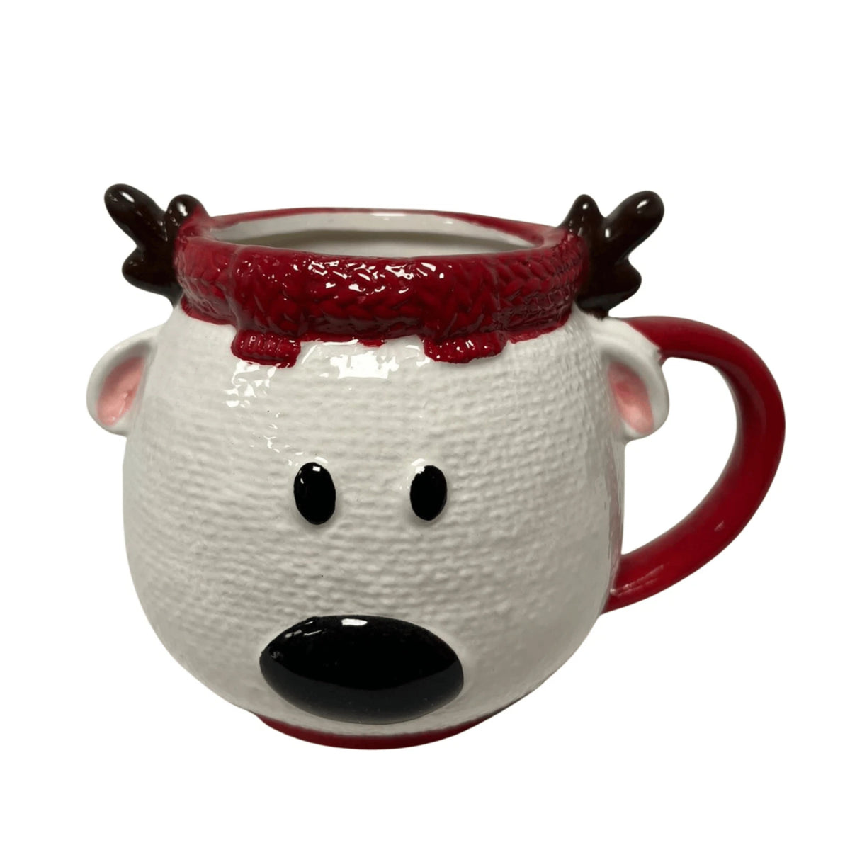 Christmas Reindeer Ceramic Mug with 3D Antlers & Red Handle