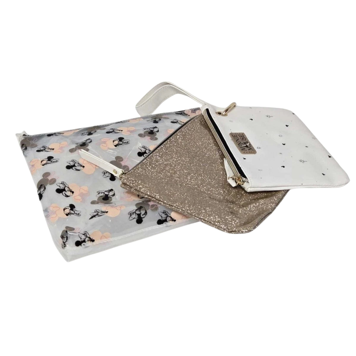 3 Piece Cosmetic Bag Set Clear Gold Glitter White Zip Makeup Travel Pouches