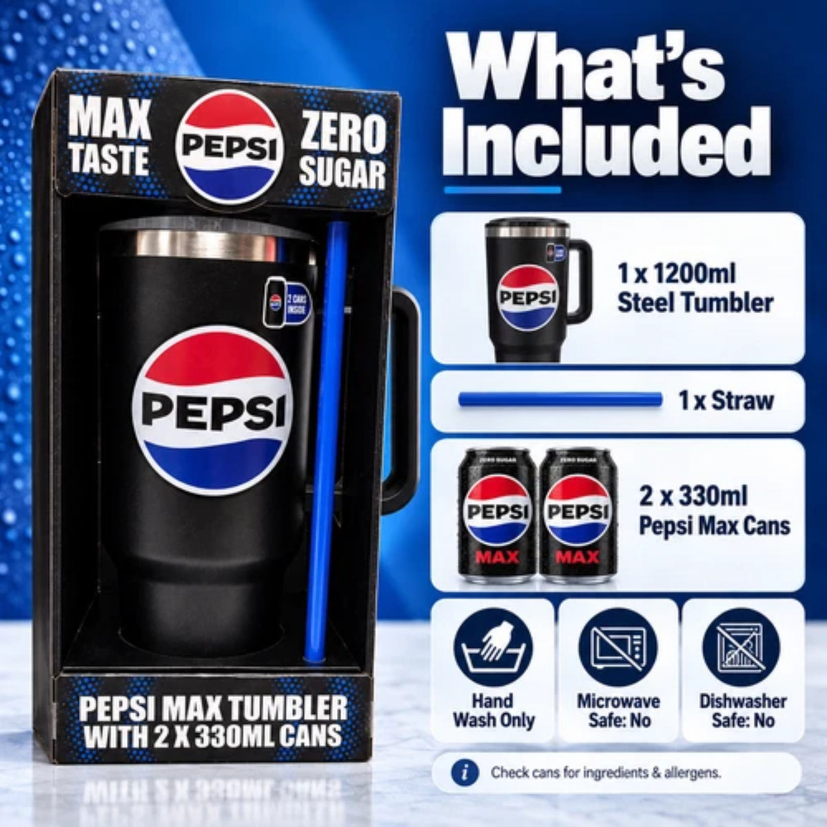 Pepsi Max Steel Tumbler Gift Set 1200ml with Straw & 2 × 330ml Cans