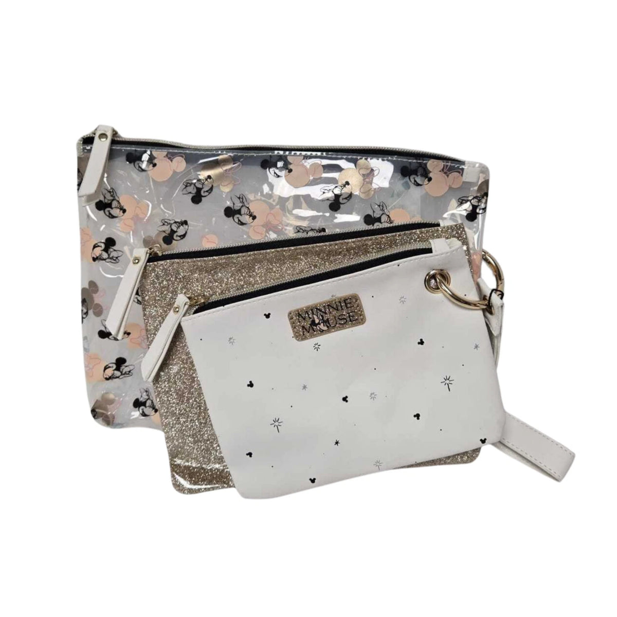 3 Piece Cosmetic Bag Set Clear Gold Glitter White Zip Makeup Travel Pouches
