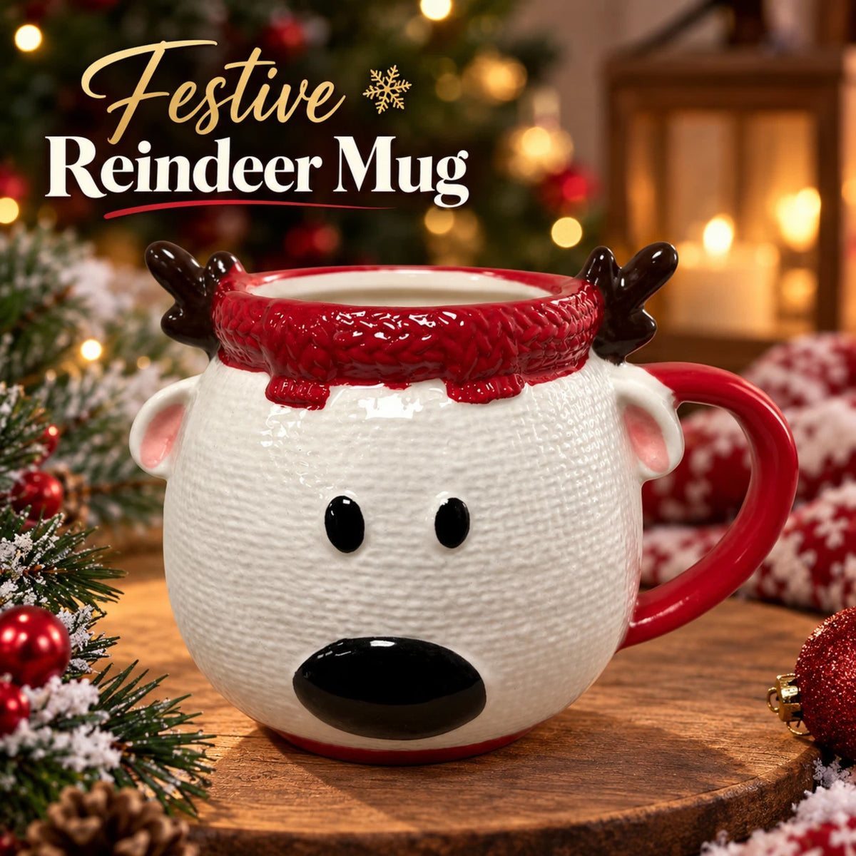 Christmas Reindeer Ceramic Mug with 3D Antlers & Red Handle
