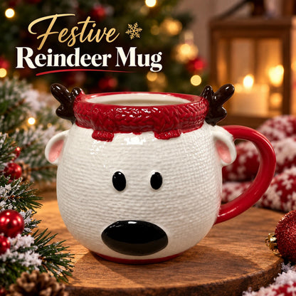 Christmas Reindeer Ceramic Mug with 3D Antlers & Red Handle