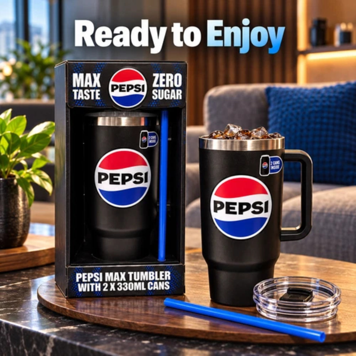 Pepsi Max Steel Tumbler Gift Set 1200ml with Straw & 2 × 330ml Cans