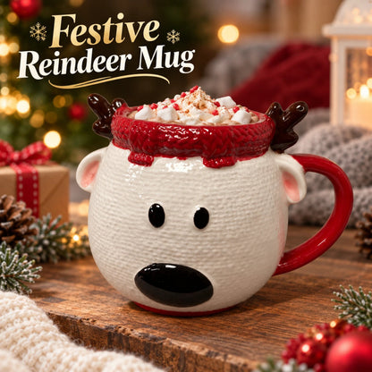 Christmas Reindeer Ceramic Mug with 3D Antlers & Red Handle