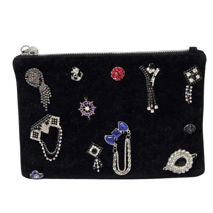 Black Embellished Clutch Bag Faux Leather Zip Evening Pouch 26 x 18cm