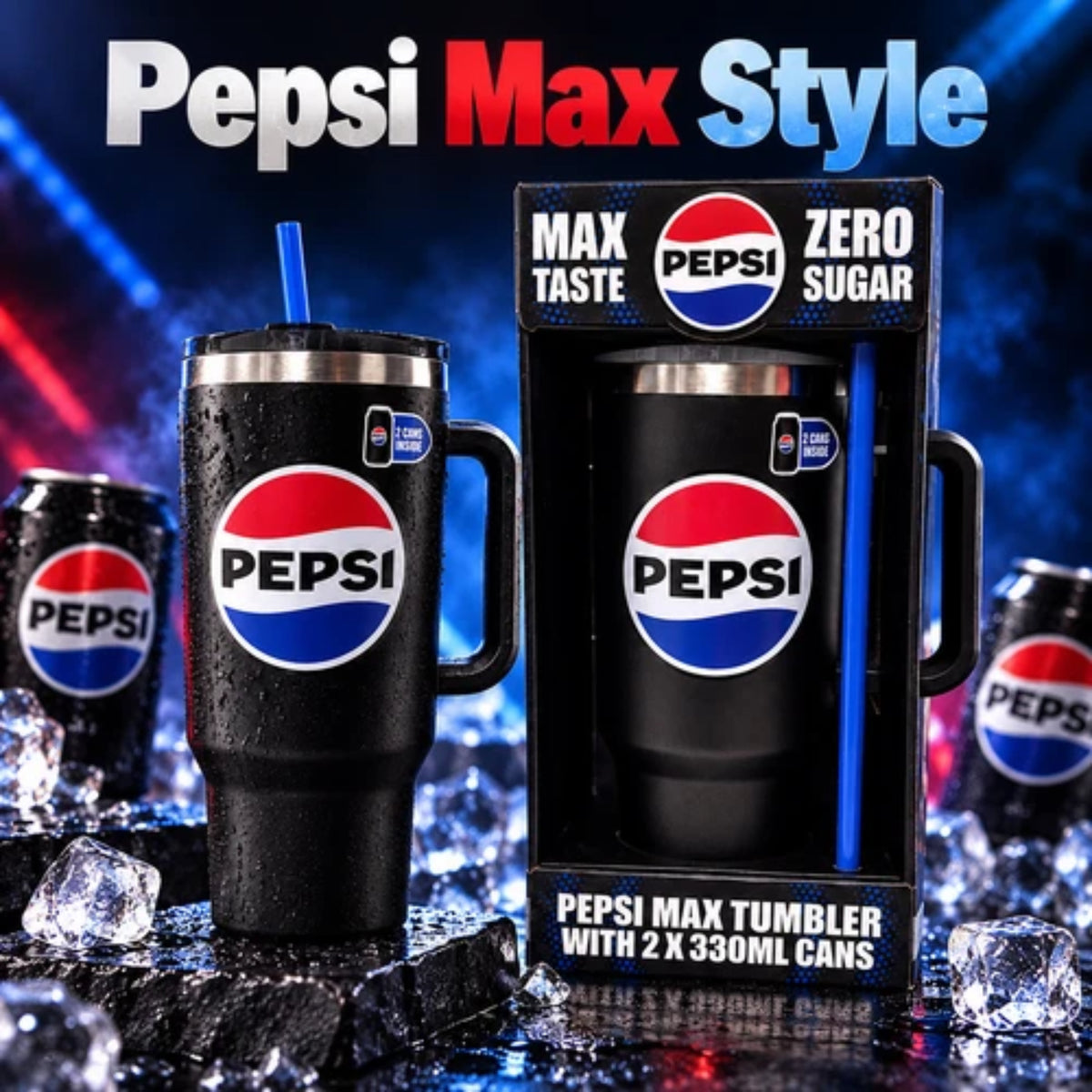 Pepsi Max Steel Tumbler Gift Set 1200ml with Straw & 2 × 330ml Cans
