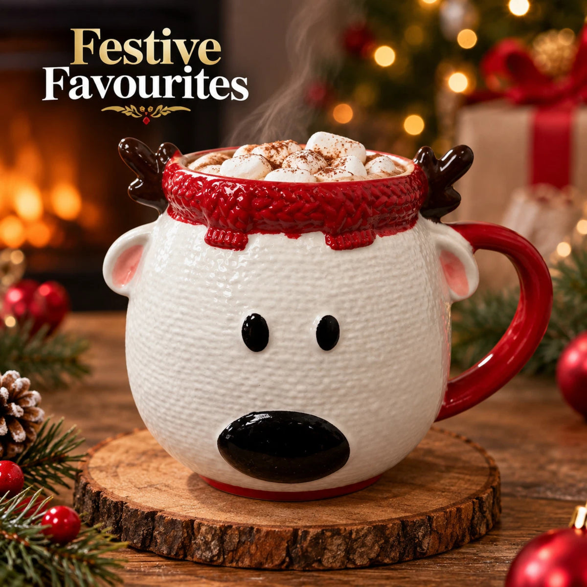 Christmas Reindeer Ceramic Mug with 3D Antlers & Red Handle