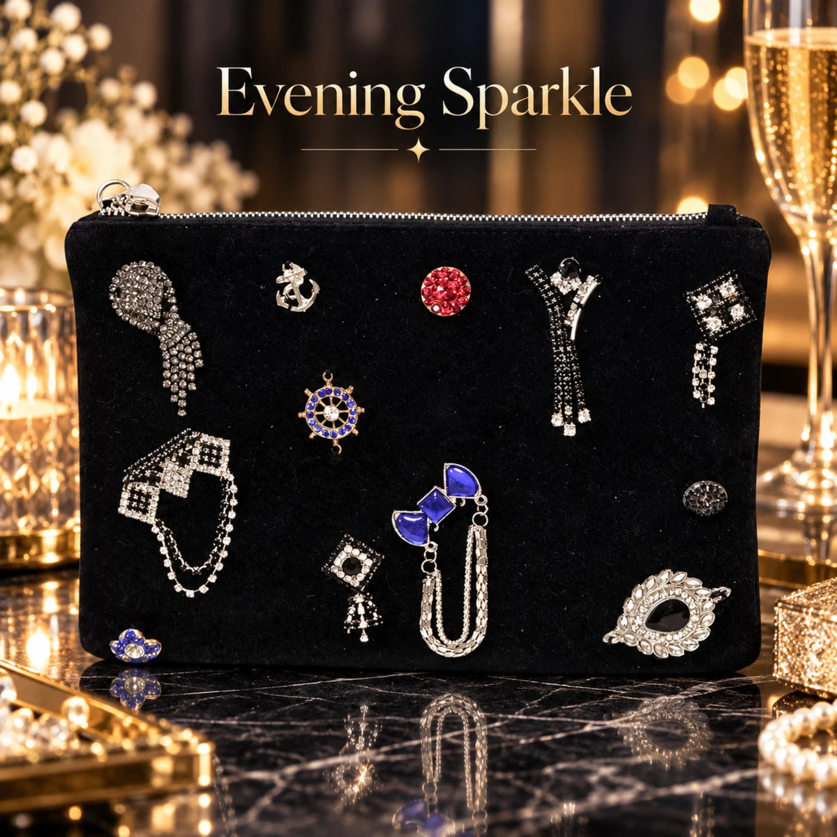 Black Embellished Clutch Bag Faux Leather Zip Evening Pouch 26 x 18cm