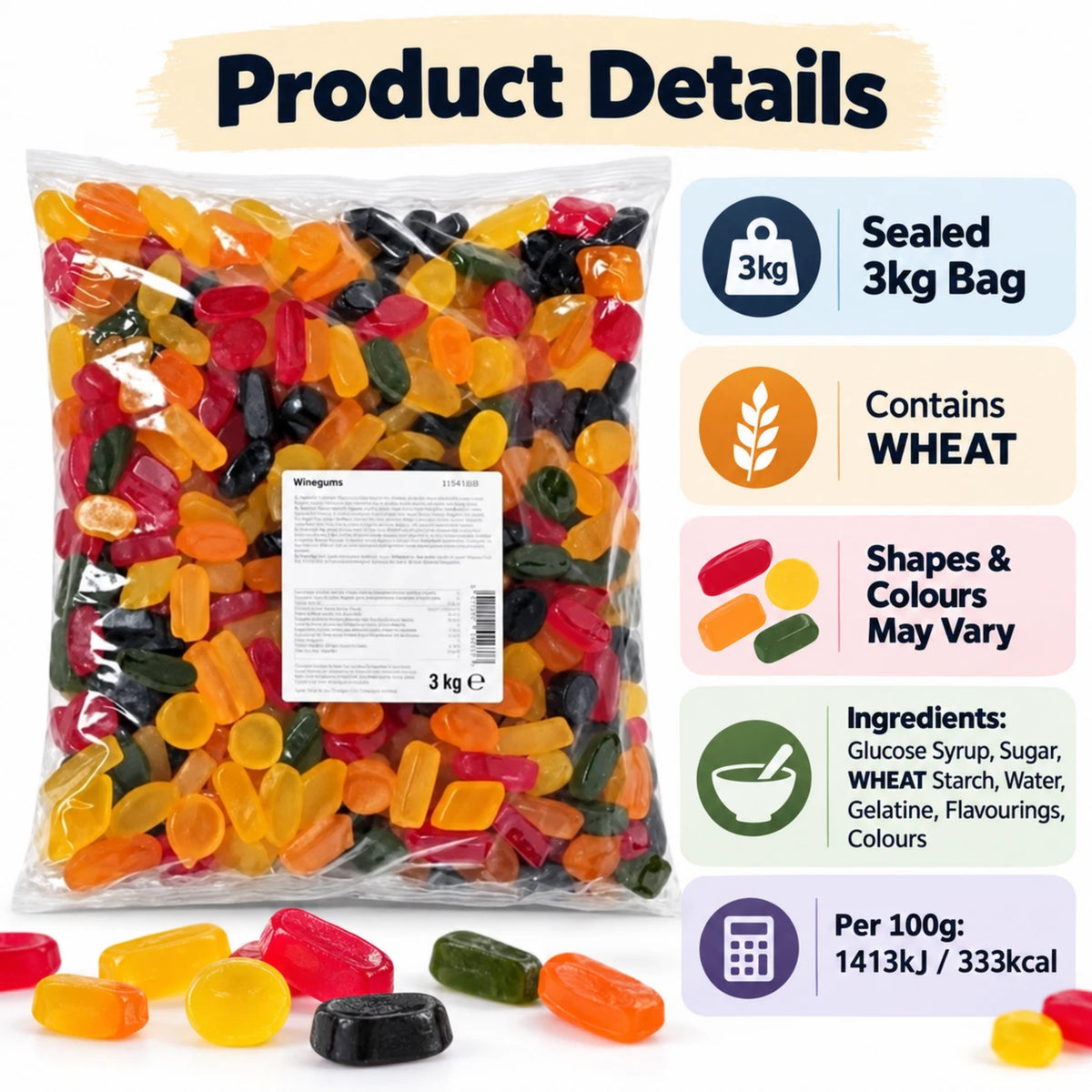 Assorted Wine Gums 3kg Bulk Bag Chewy Jelly Sweets Pick & Mix