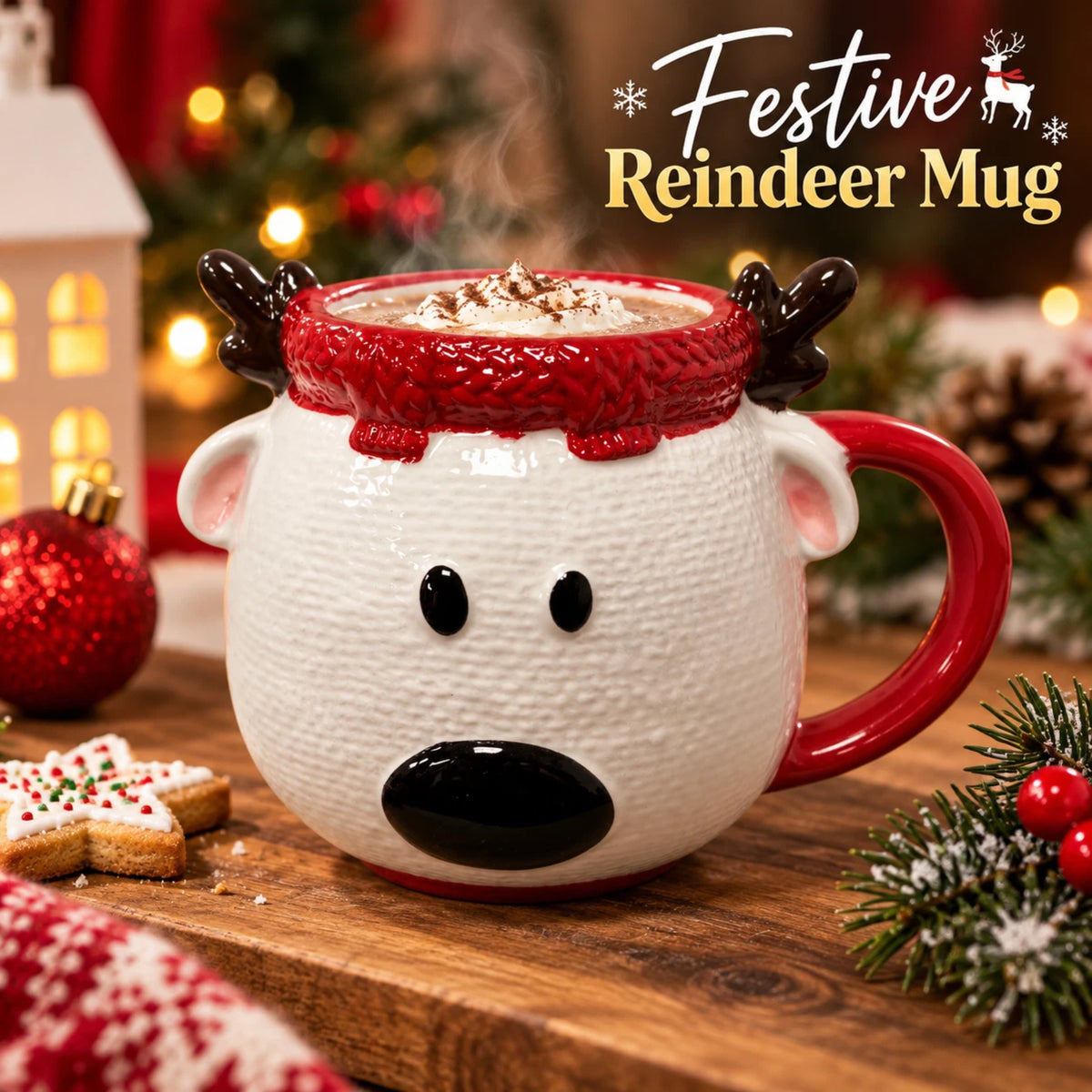 Christmas Reindeer Ceramic Mug with 3D Antlers & Red Handle