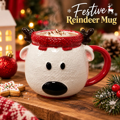 Christmas Reindeer Ceramic Mug with 3D Antlers & Red Handle