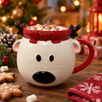 Christmas Reindeer Ceramic Mug with 3D Antlers & Red Handle