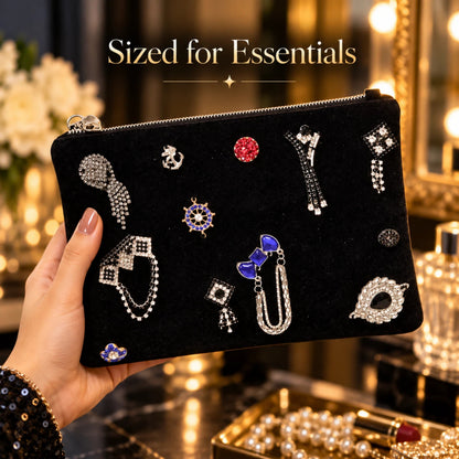 Black Embellished Clutch Bag Faux Leather Zip Evening Pouch 26 x 18cm