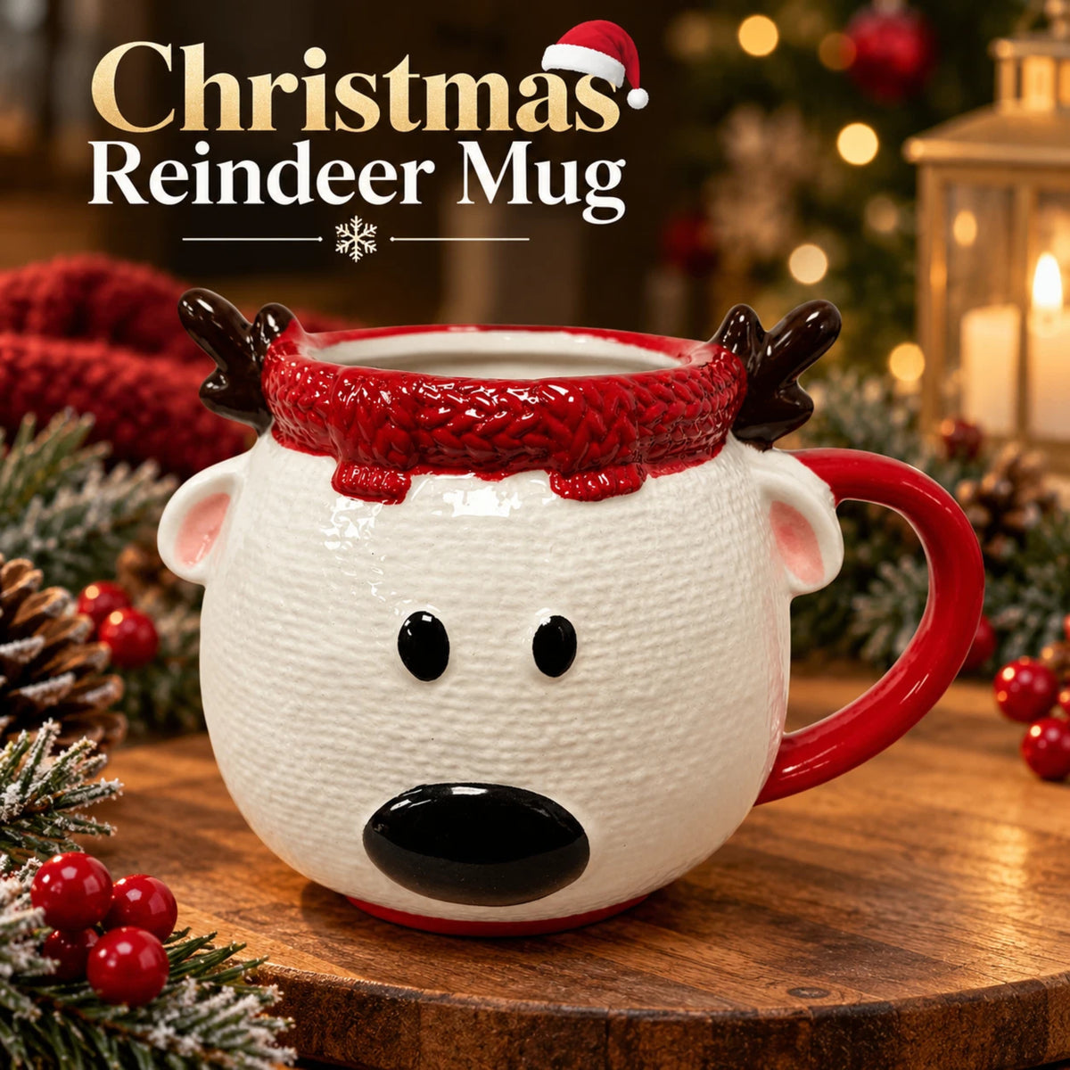 Christmas Reindeer Ceramic Mug with 3D Antlers & Red Handle
