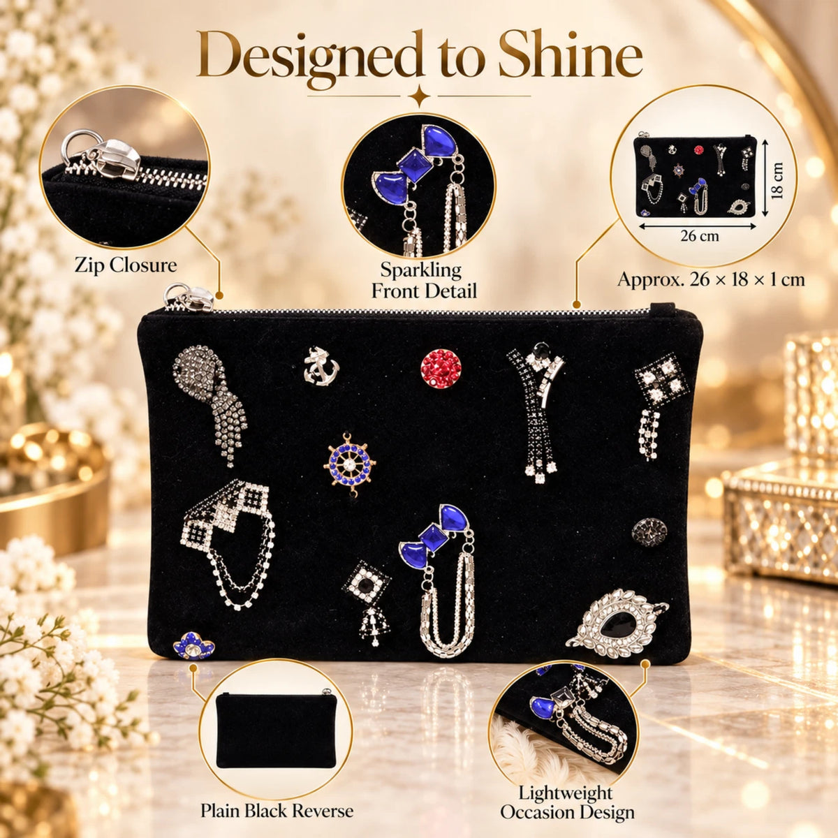 Black Embellished Clutch Bag Faux Leather Zip Evening Pouch 26 x 18cm