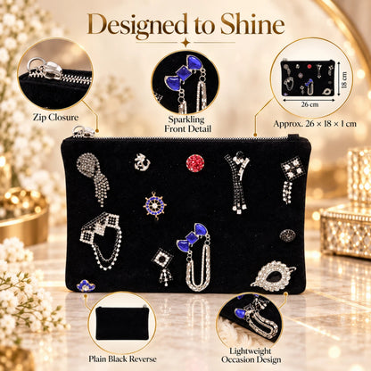 Black Embellished Clutch Bag Faux Leather Zip Evening Pouch 26 x 18cm