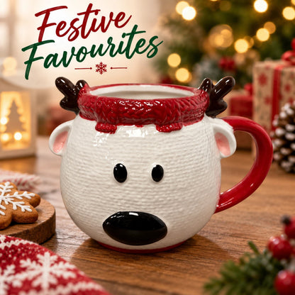Christmas Reindeer Ceramic Mug with 3D Antlers & Red Handle