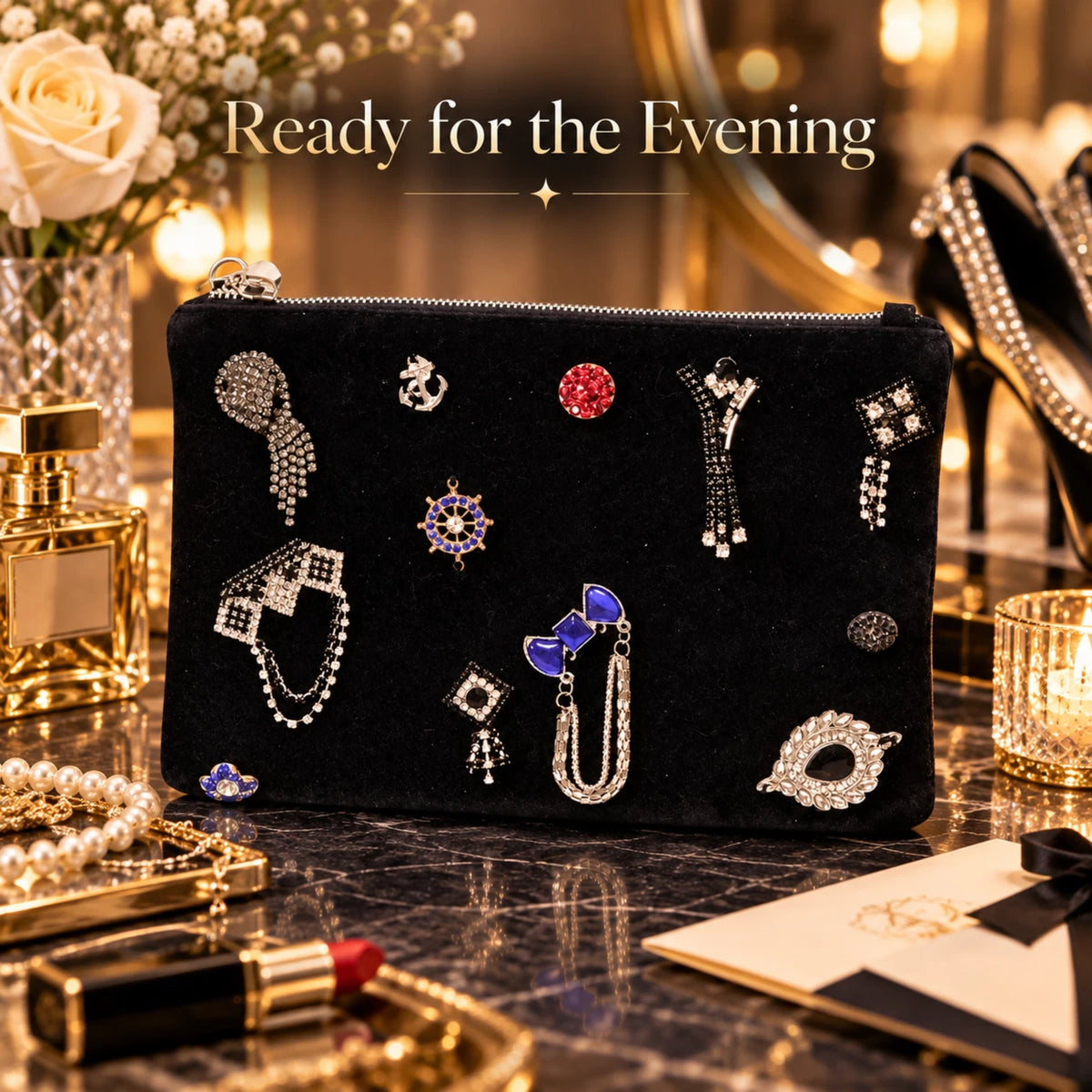 Black Embellished Clutch Bag Faux Leather Zip Evening Pouch 26 x 18cm