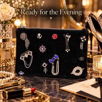 Black Embellished Clutch Bag Faux Leather Zip Evening Pouch 26 x 18cm