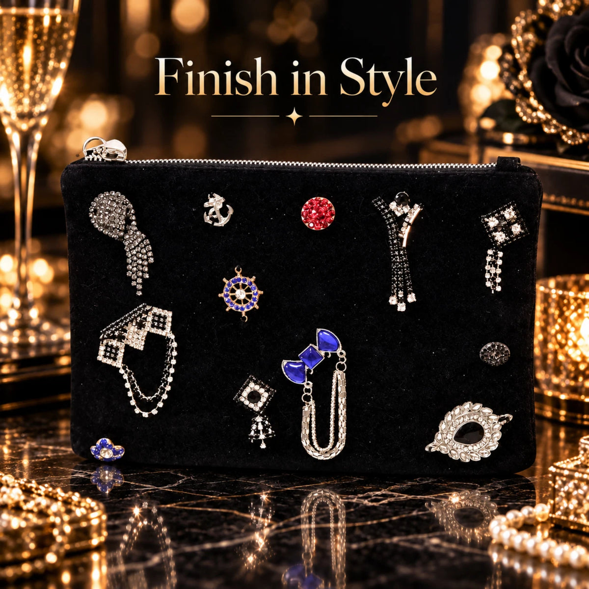 Black Embellished Clutch Bag Faux Leather Zip Evening Pouch 26 x 18cm