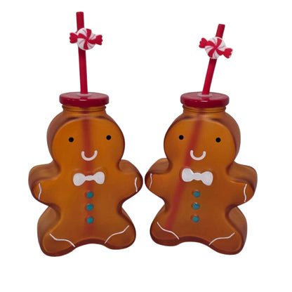 Gingerbread Man Christmas Drinking Cup with Red Lid & Candy Straw