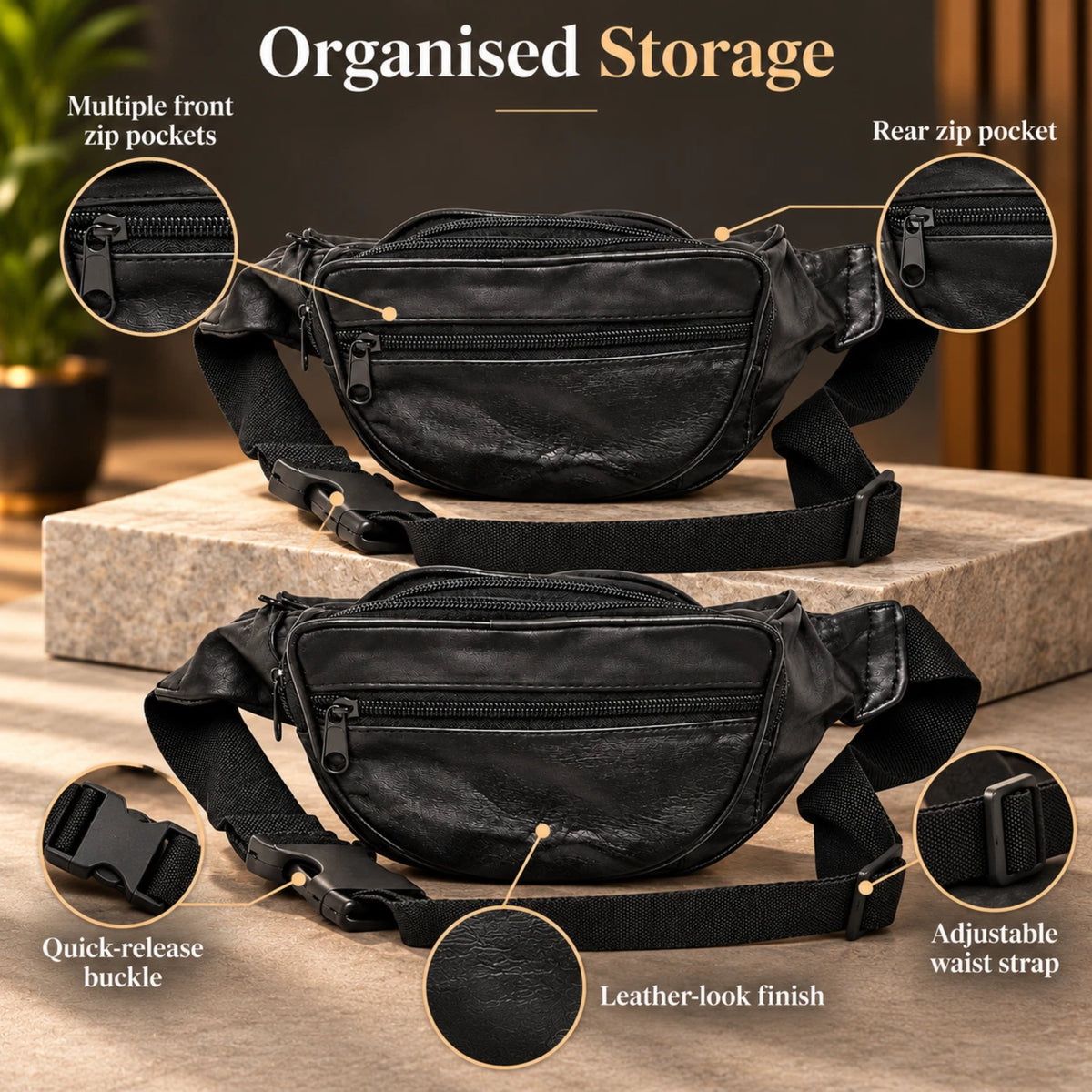 Black Waist Bum Bag Multi Pocket Travel Belt Pouch Adjustable Strap