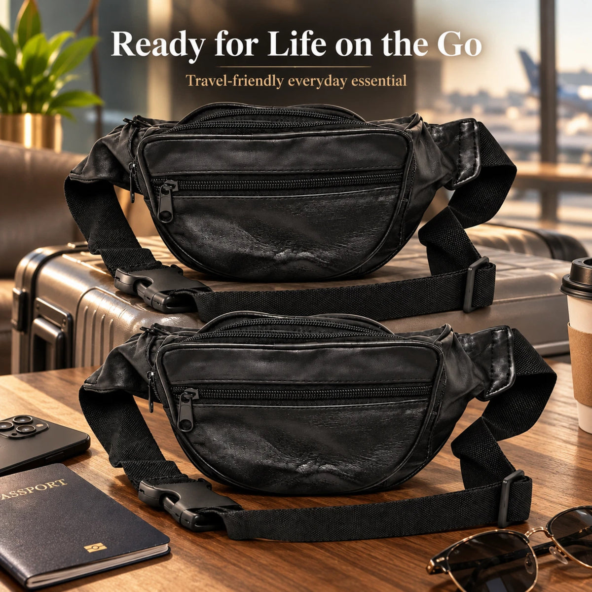Black Waist Bum Bag Multi Pocket Travel Belt Pouch Adjustable Strap